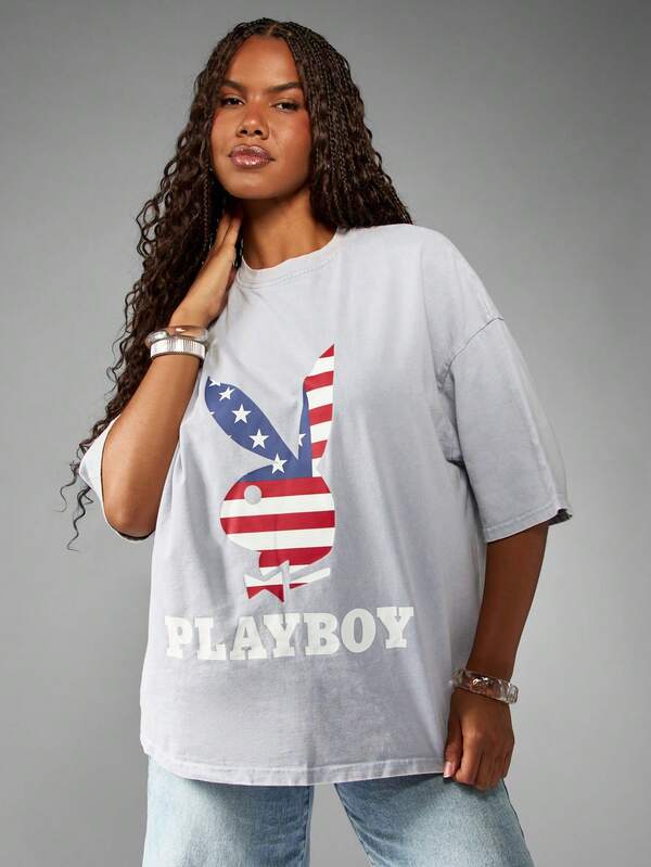 Missguided Missguided X Playboy MISSGUIDED Oversized Statement T Shirt With Flag Design