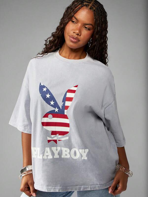 missguided Missguided x Playboy MISSGUIDED Oversized Statement T Shirt With Flag Design