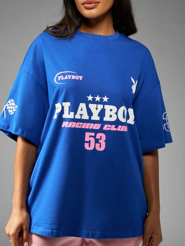 missguided Missguided x Playboy MISSGUIDED Oversized Statement T Shirt Has Retro Racing Club Logo Printed Graphic Design