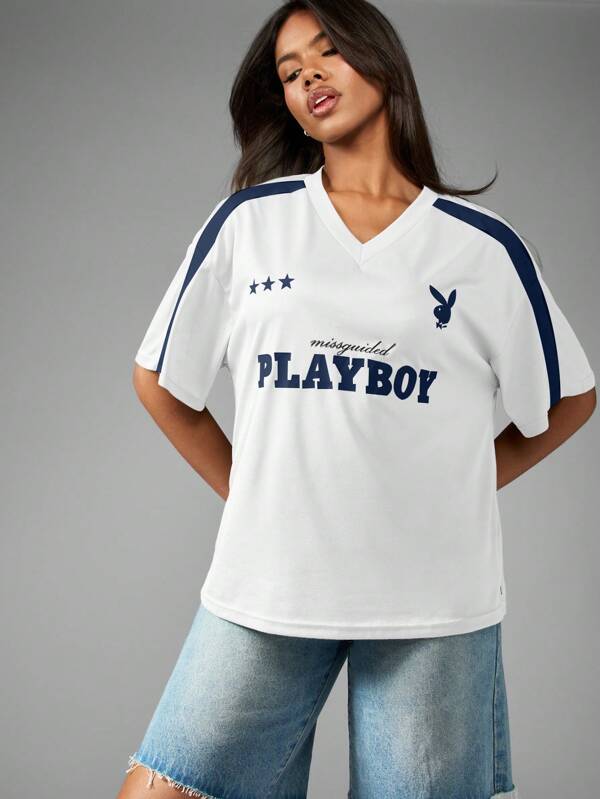Missguided Missguided X Playboy MISSGUIDED Oversized Style Short Sleeve V Neck Comfort Logo T-Shirts