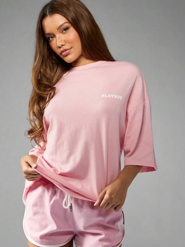 Missguided Missguided X Playboy MISSGUIDED Oversized T Shirt With Crystal Rhinestone Bunny Design