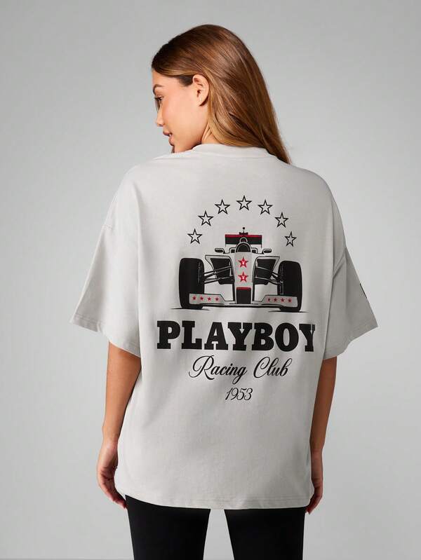 missguided Missguided x Playboy MISSGUIDED Oversized T Shirt With Race Car And Stars Graphic