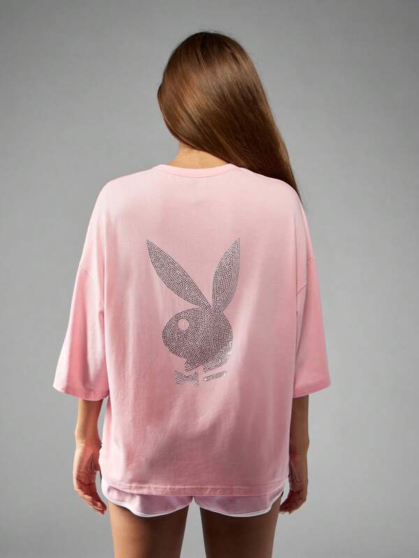 missguided Missguided x Playboy MISSGUIDED Oversized T Shirt With Crystal Rhinestone Bunny Design