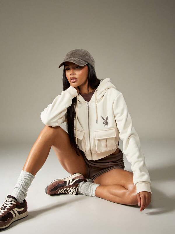 Missguided Missguided X Playboy MISSGUIDED Oversized Washed Cargo Zip Crop Hoodie