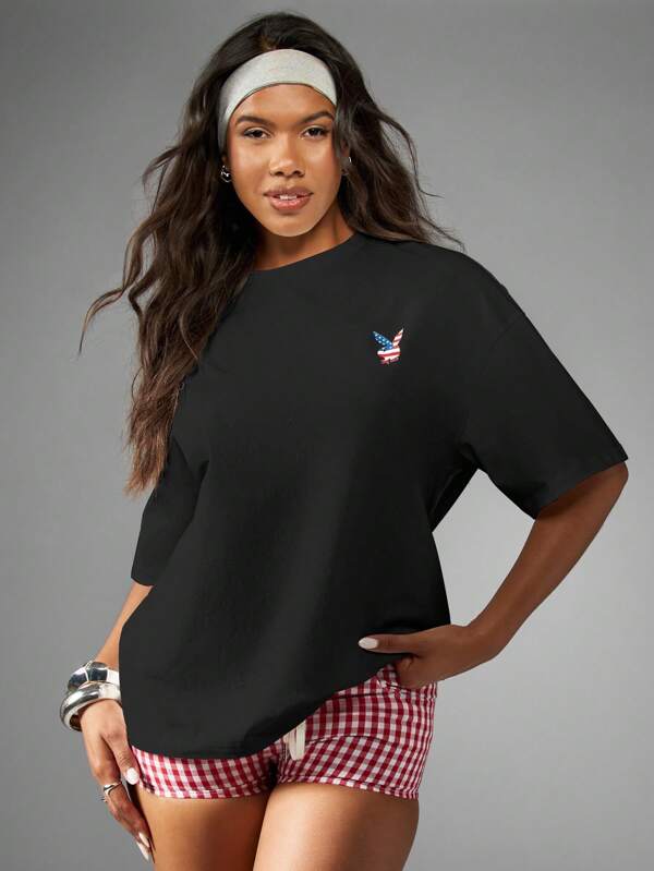 Missguided Missguided X Playboy MISSGUIDED Patriotic Bunny Logo T Shirt With American Flag Design
