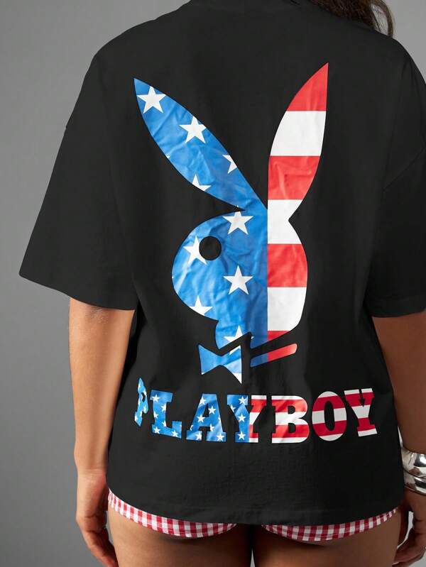 missguided Missguided x Playboy MISSGUIDED Patriotic Bunny Logo T Shirt With American Flag Design
