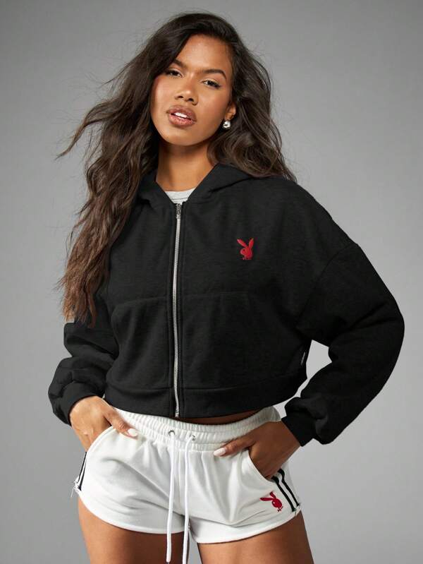 Missguided Missguided X Playboy MISSGUIDED Premium Fleece Cropped Zip Up Hoodie Loungewear Sweatshirt