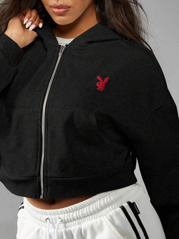 Missguided Missguided X Playboy MISSGUIDED Premium Fleece Cropped Zip Up Hoodie Loungewear Sweatshirt