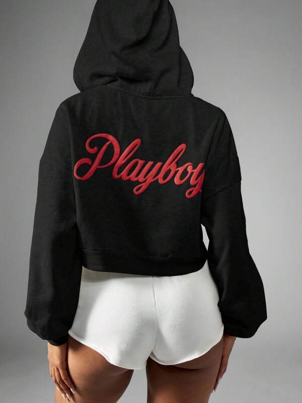 missguided Missguided x Playboy MISSGUIDED Premium Fleece Cropped Zip Up Hoodie Loungewear Sweatshirt