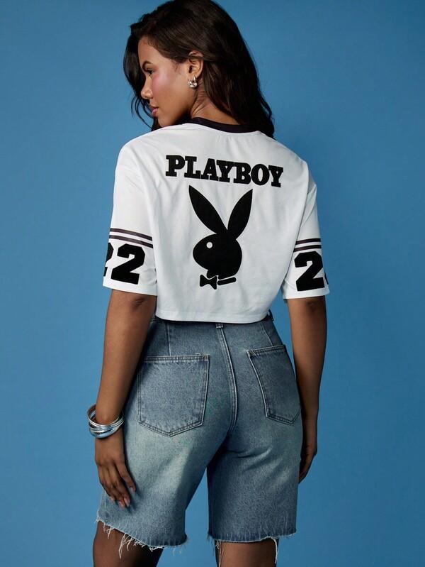 Missguided Missguided X Playboy MISSGUIDED Premium V Neck Crop Mesh Jersey Top With Number Details