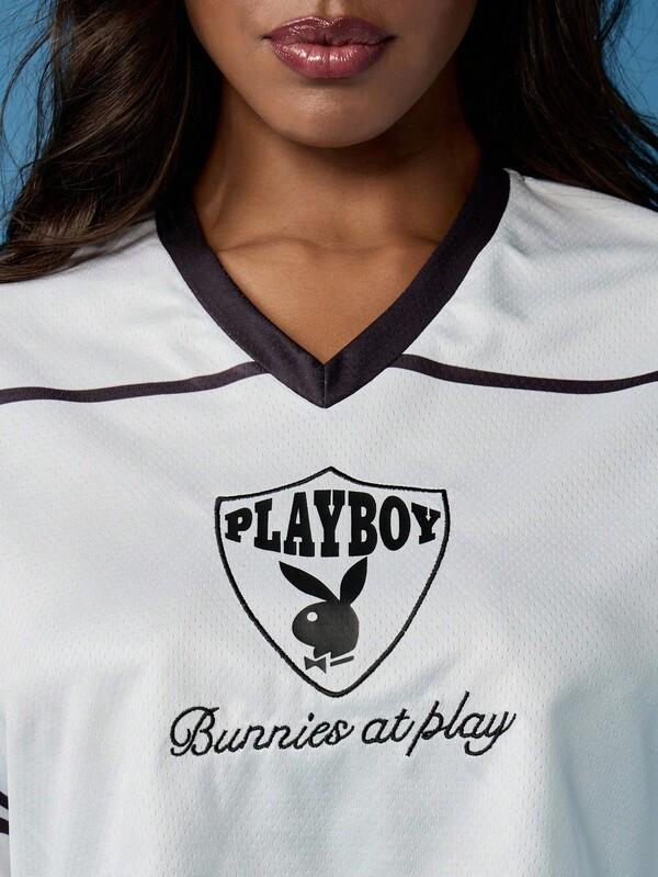 Missguided Missguided X Playboy MISSGUIDED Premium V Neck Crop Mesh Jersey Top With Number Details