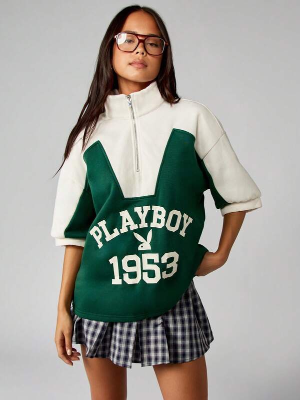 Missguided Missguided X Playboy MISSGUIDED Quarter Zip Colorblock Sweatshirt With Logo Print