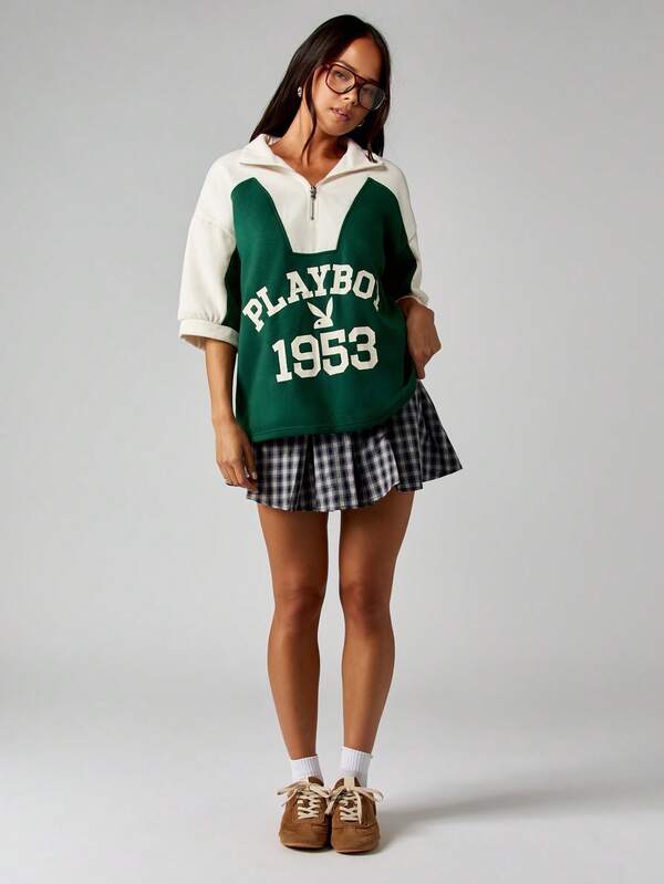 Missguided Missguided X Playboy MISSGUIDED Quarter Zip Colorblock Sweatshirt With Logo Print