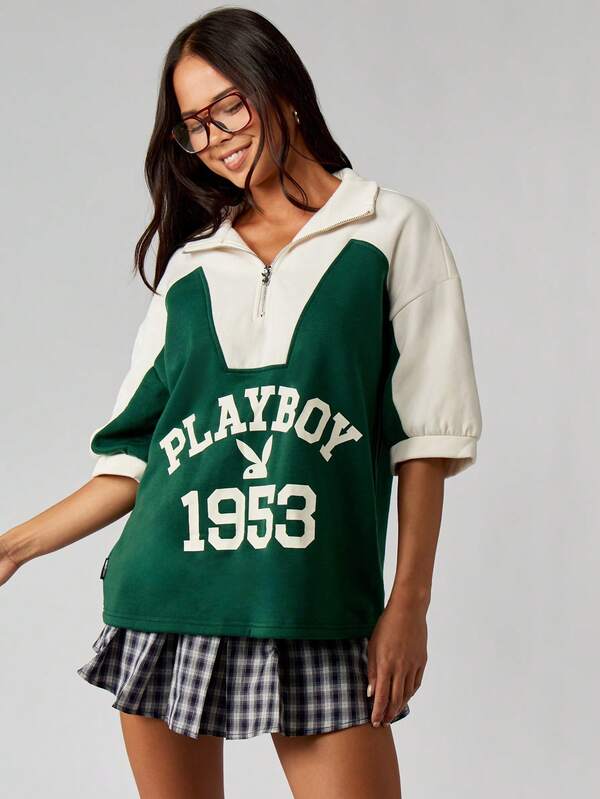 missguided Missguided x Playboy MISSGUIDED Quarter Zip Colorblock Sweatshirt With Logo Print