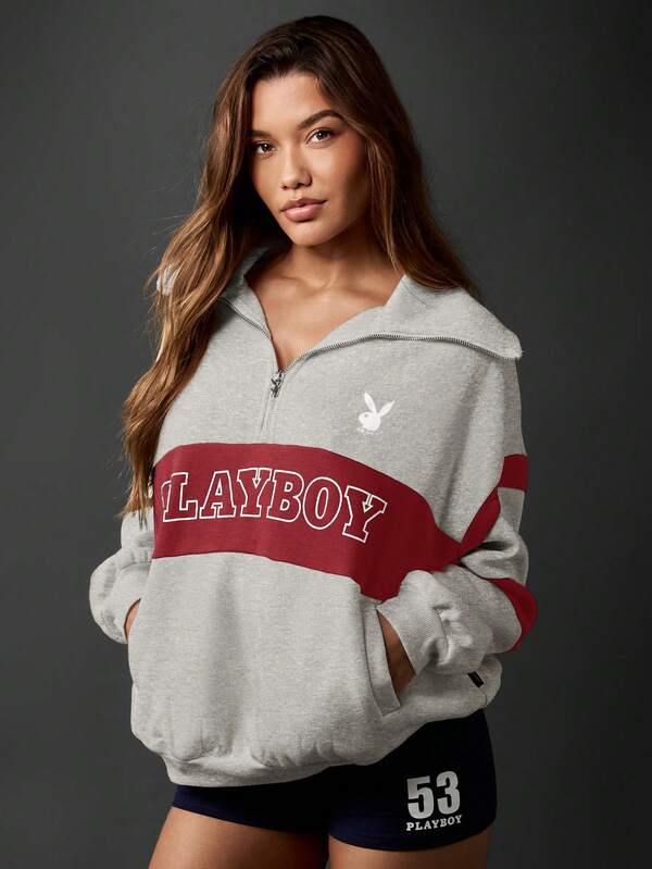 missguided Missguided x Playboy MISSGUIDED Quarter Zip Sweatshirt With Logo Design