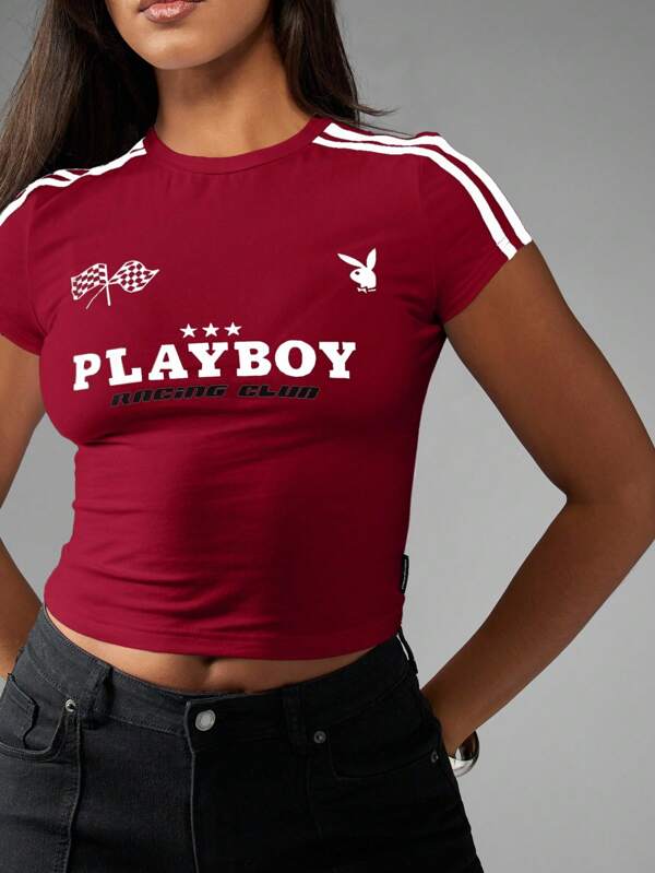 Missguided Missguided X Playboy MISSGUIDED Racing Club Crop Top With Double Stripe Detail