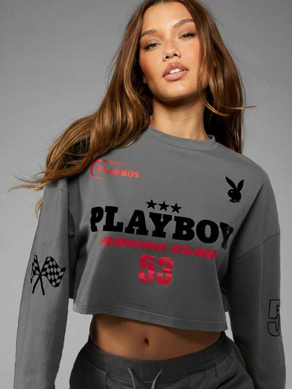 Missguided Missguided X Playboy MISSGUIDED Racing Club Cropped Long Sleeve Tee