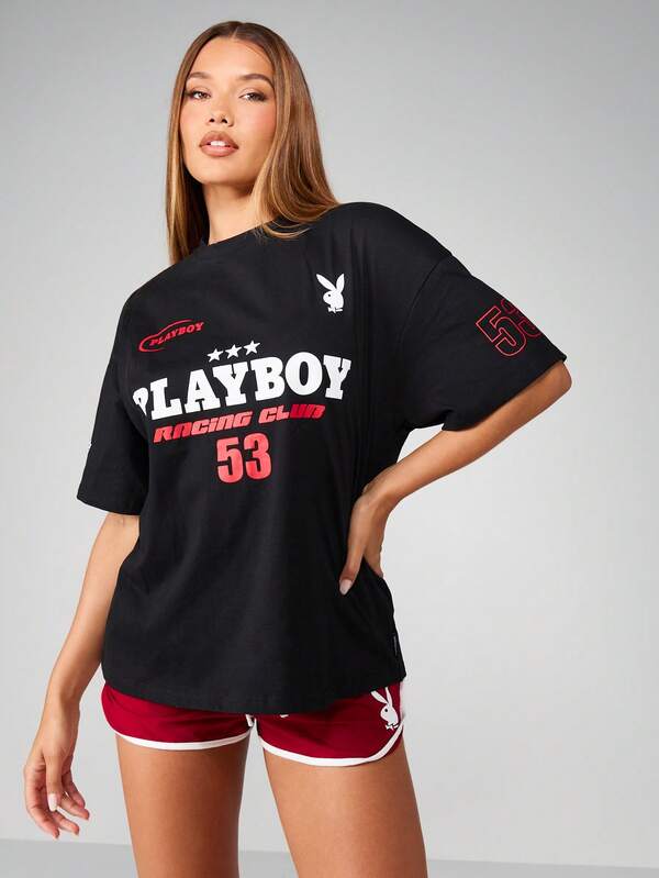 Missguided Missguided X Playboy MISSGUIDED Racing Club Graphic Print T Shirt With Drop Shoulder