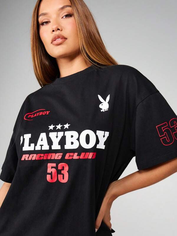 missguided Missguided x Playboy MISSGUIDED Racing Club Graphic Print T Shirt With Drop Shoulder