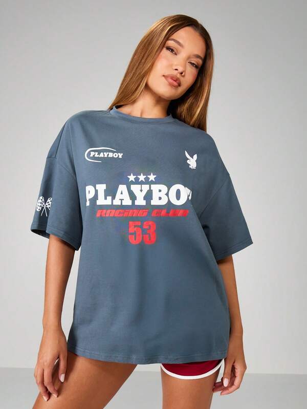 missguided Missguided x Playboy MISSGUIDED Racing Club Oversized T Shirt With Number Print