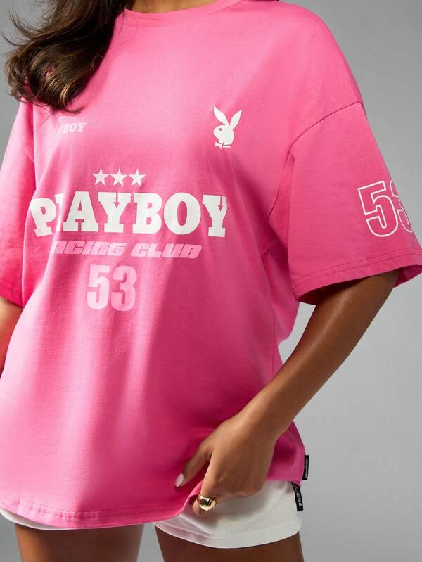 Missguided Missguided X Playboy MISSGUIDED Racing Club Vintage Moto Graphic T Shirt Casual Oversized Fit