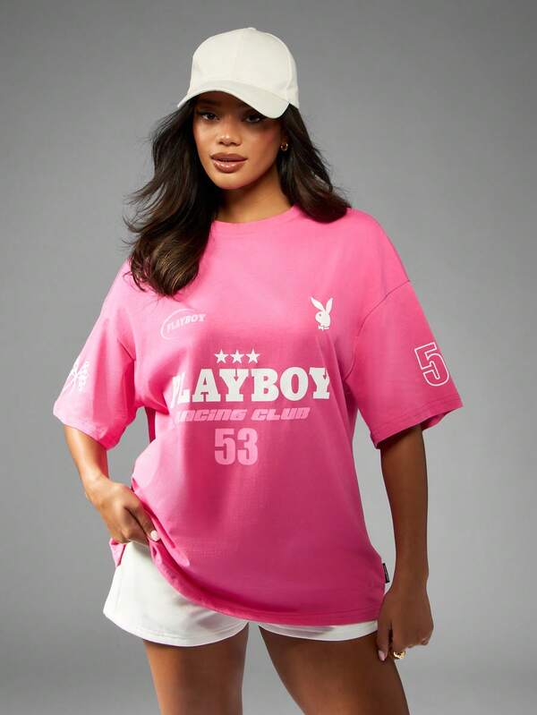 missguided Missguided x Playboy MISSGUIDED Racing Club Vintage Moto Graphic T Shirt Casual Oversized Fit