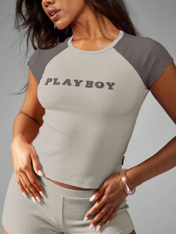 missguided Missguided x Playboy MISSGUIDED Raglan Sleeve Baby Tee With Contrast Detail