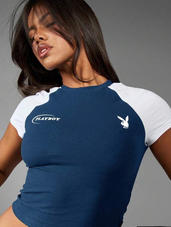 Missguided Missguided X Playboy MISSGUIDED Retro Crop Top With Raglan Sleeves And Graphic Print