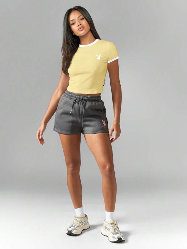 Missguided Missguided X Playboy MISSGUIDED Retro Ringer Baby Tee Crop Top With Bunny Logo And Short Sleeves