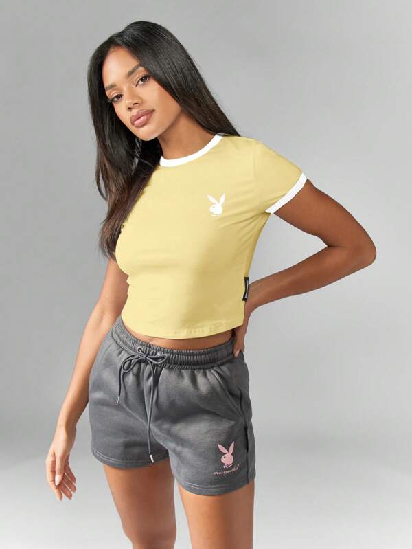 Missguided Missguided X Playboy MISSGUIDED Retro Ringer Baby Tee Crop Top With Bunny Logo And Short Sleeves