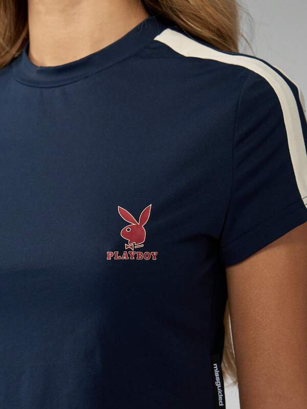 Missguided Missguided X Playboy MISSGUIDED Retro Sports Style Fitted Short Sleeve Women T-Shirt