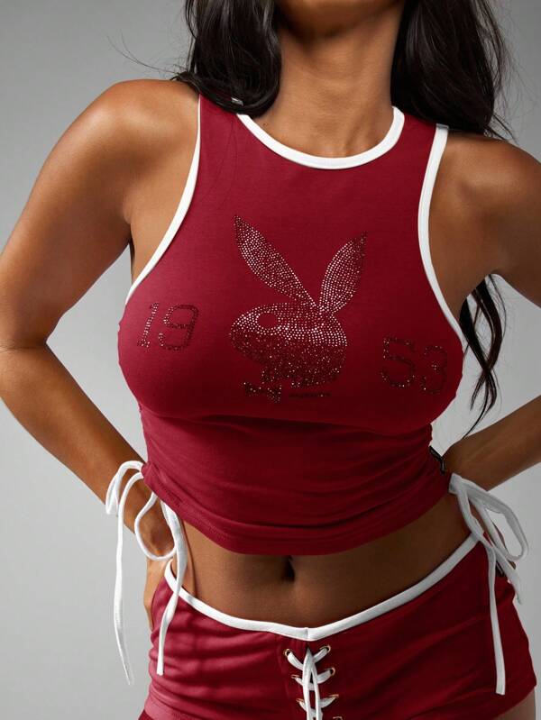 missguided Missguided x Playboy MISSGUIDED Rhinestone Bunny Crop Tank With Side Ties