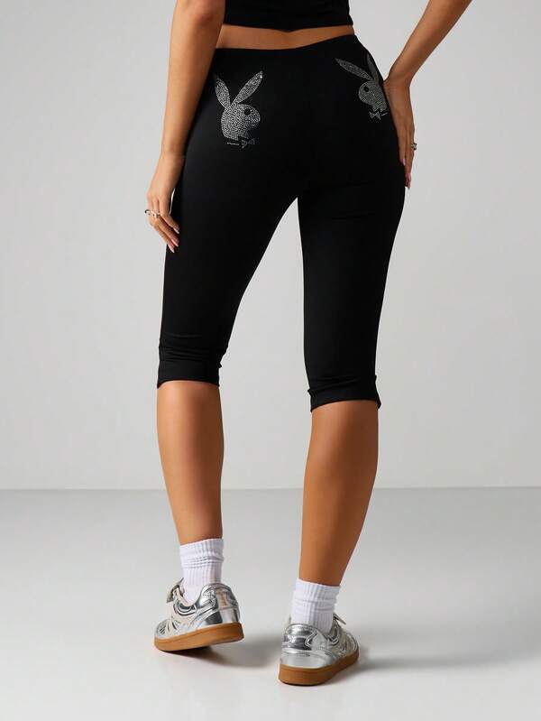missguided Missguided x Playboy MISSGUIDED Rhinestone Bunny Capri Leggings With Sparkle Detail