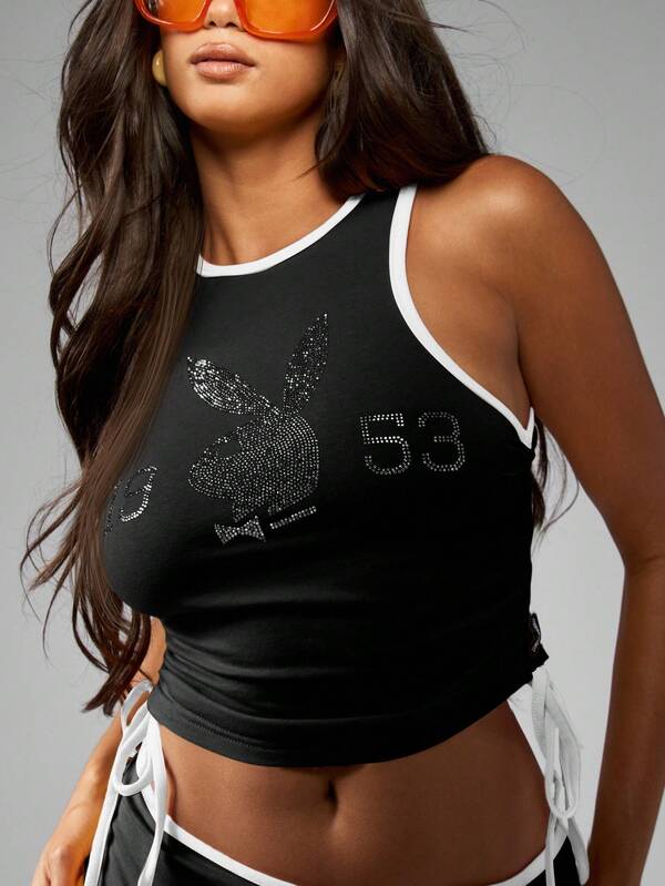 Missguided Missguided X Playboy MISSGUIDED Rhinestone Bunny Tank Top With Contrast Trim