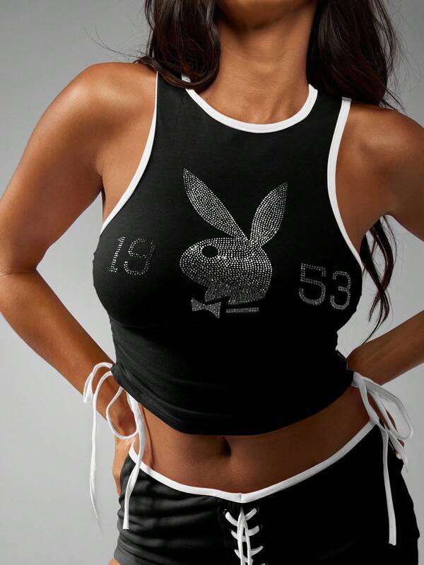 missguided Missguided x Playboy MISSGUIDED Rhinestone Bunny Tank Top With Contrast Trim