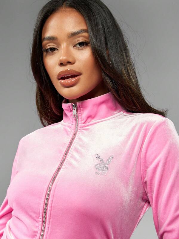 Missguided Missguided X Playboy MISSGUIDED Rhinestone Logo Embellished Velvet Sweatshirt