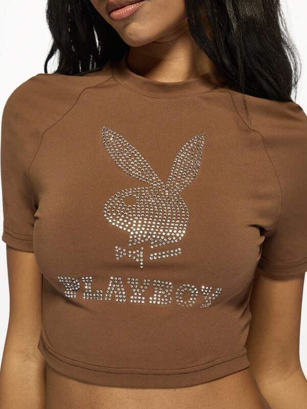 Missguided Missguided X Playboy MISSGUIDED Rhinestone Logo Y2K Crop Baby Tee