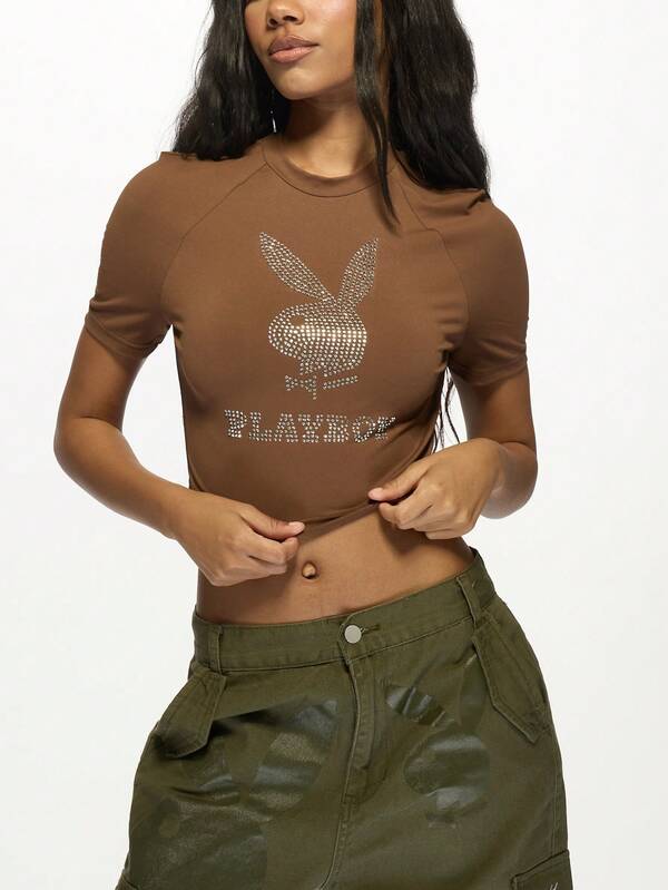 Missguided Missguided X Playboy MISSGUIDED Rhinestone Logo Y2K Crop Baby Tee