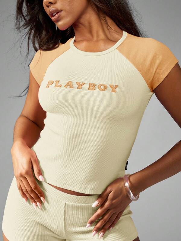 missguided Missguided x Playboy MISSGUIDED Ribbed Baby Tee With Raglan Sleeve Design