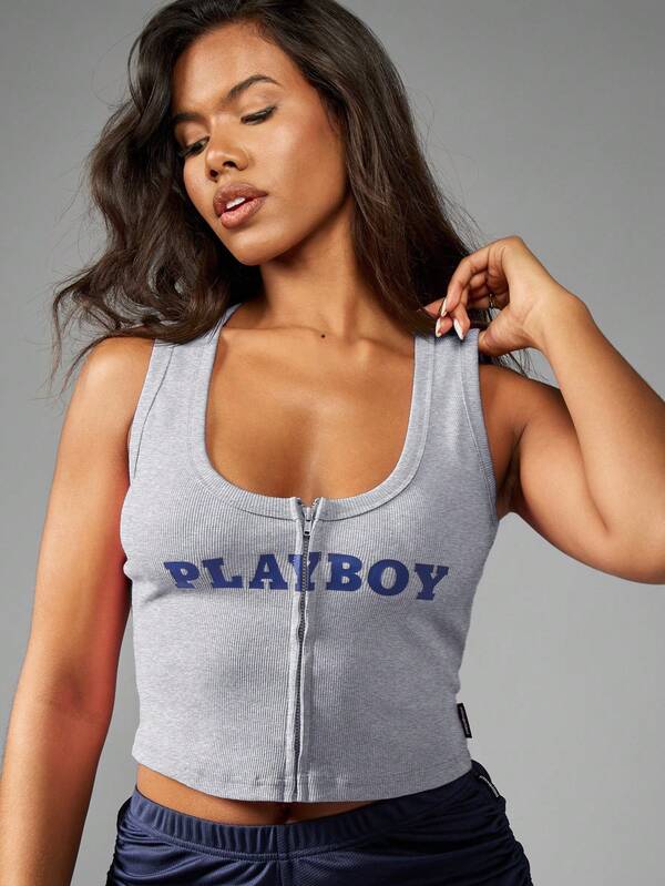 missguided Missguided x Playboy MISSGUIDED Ribbed Crop Tank Top With Front Zip Design