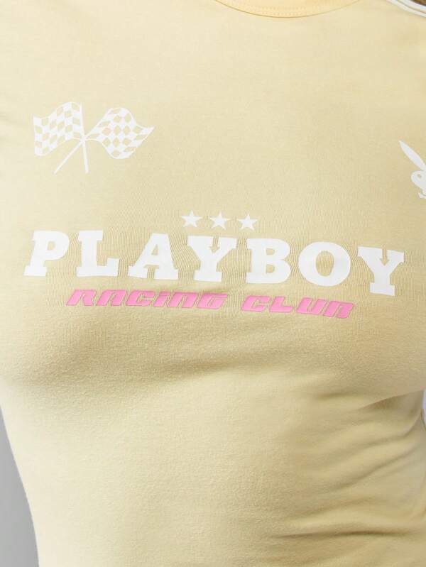 Missguided Missguided X Playboy MISSGUIDED Ribbed Fitted Mini Dress With Retro Sport Graphic Print