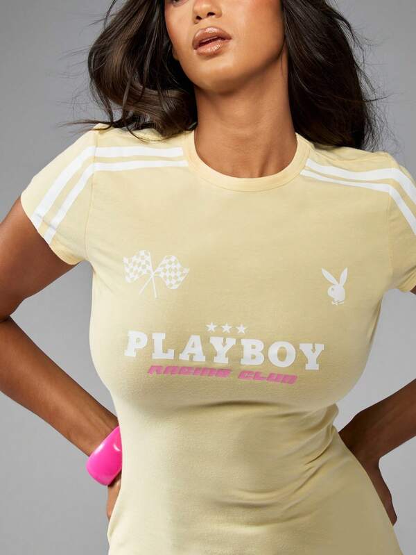Missguided Missguided X Playboy MISSGUIDED Ribbed Fitted Mini Dress With Retro Sport Graphic Print