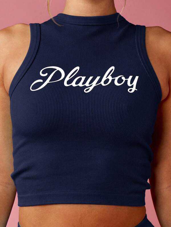 missguided Missguided x Playboy MISSGUIDED Ribbed High Neck Crop Tank With Script Logo