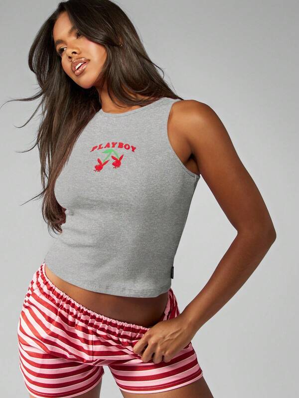Missguided Missguided X Playboy MISSGUIDED Ribbed Racerback Tank Top With Cherry Print