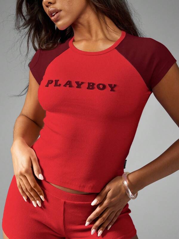 missguided Missguided x Playboy MISSGUIDED Ribbed Raglan Cap Sleeve Baby Tee