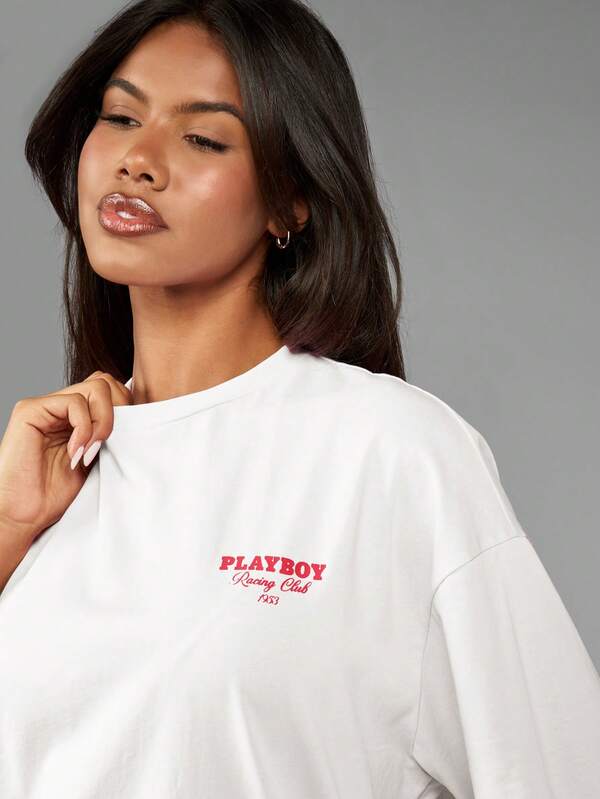 Missguided Missguided X Playboy MISSGUIDED Short Sleeve T-Shirt With Front And Back Graphics Checkered Flag Design