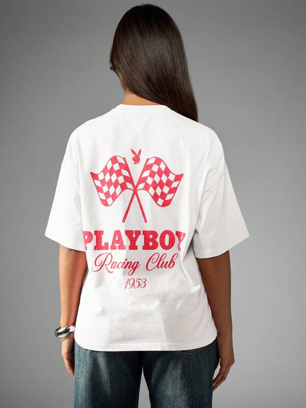 Missguided Missguided X Playboy MISSGUIDED Short Sleeve T-Shirt With Front And Back Graphics Checkered Flag Design