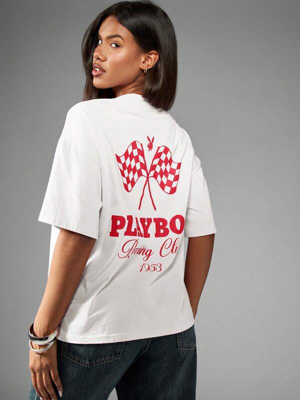 missguided Missguided x Playboy MISSGUIDED Short Sleeve T-Shirt With Front And Back Graphics Checkered Flag Design
