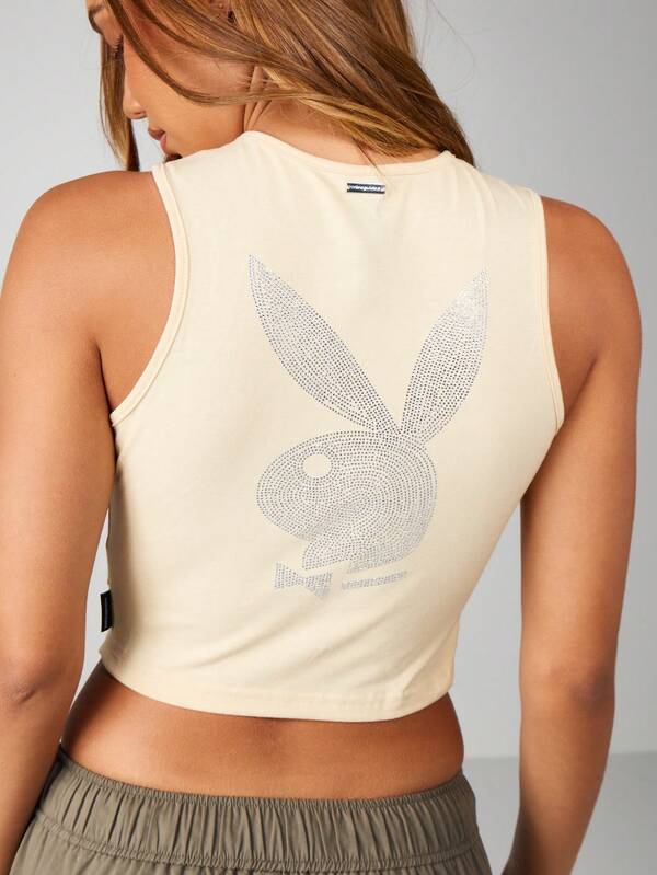 missguided Missguided x Playboy MISSGUIDED Sleeveless Crop Top With Rhinestone Design High Neck