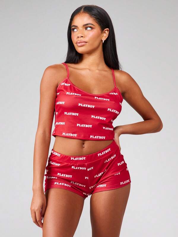 missguided Missguided x Playboy MISSGUIDED Spaghetti Strap Crop Top And High Waist Shorts Set